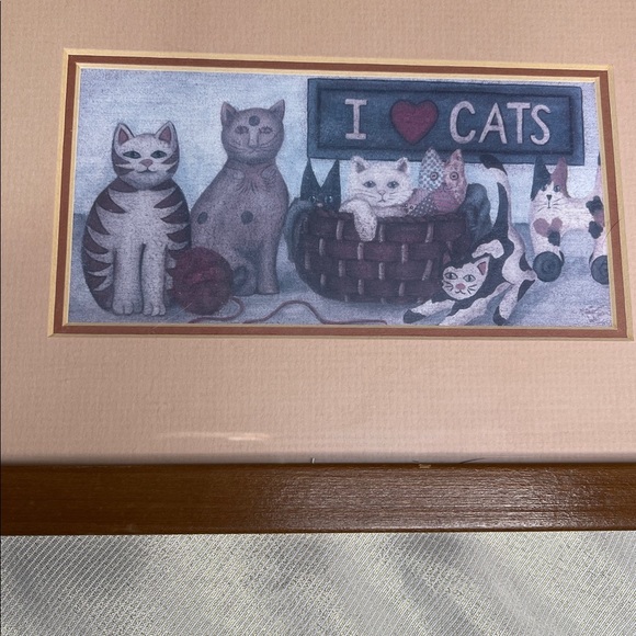 Vintage 90s Folk Art Style Cat Art Print I Love Cats Tan Brown Real Wood Frame - Picture 3 of 6